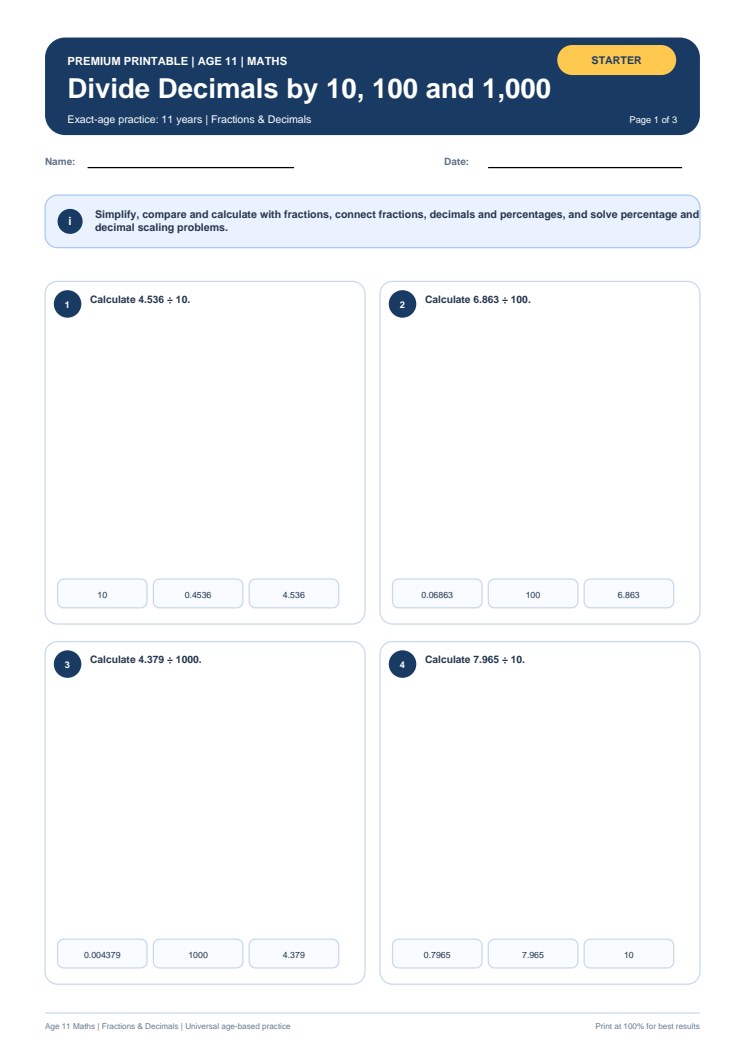 Divide Decimals by 10, 100 and 1,000 worksheet preview