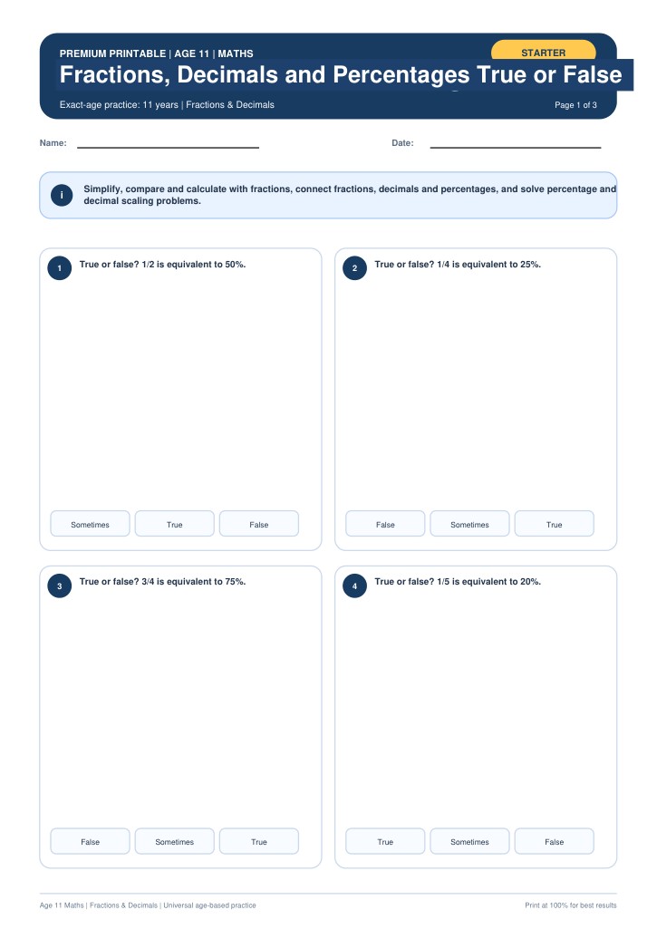 Fractions, Decimals and Percentages True or False worksheet preview