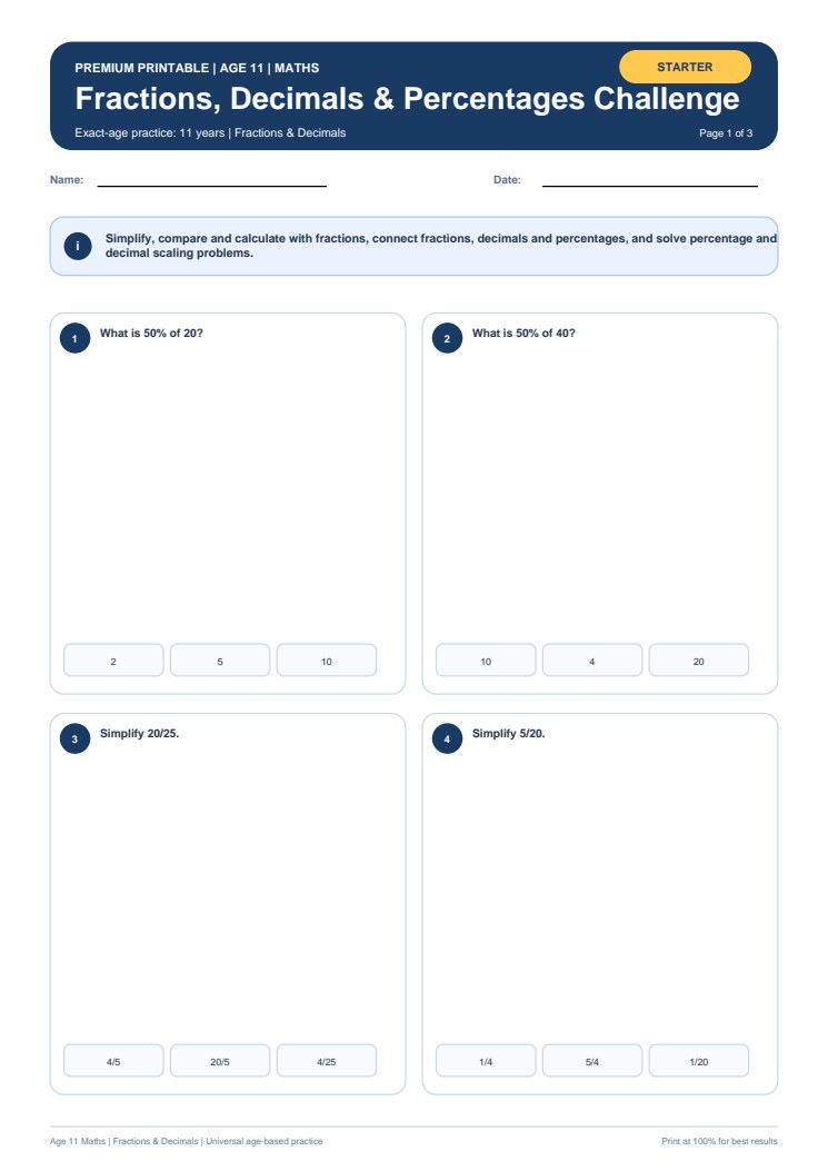 Fractions, Decimals & Percentages Challenge worksheet preview