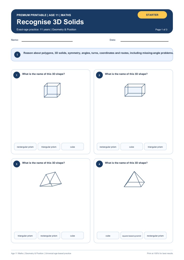 Recognise 3D Solids worksheet preview