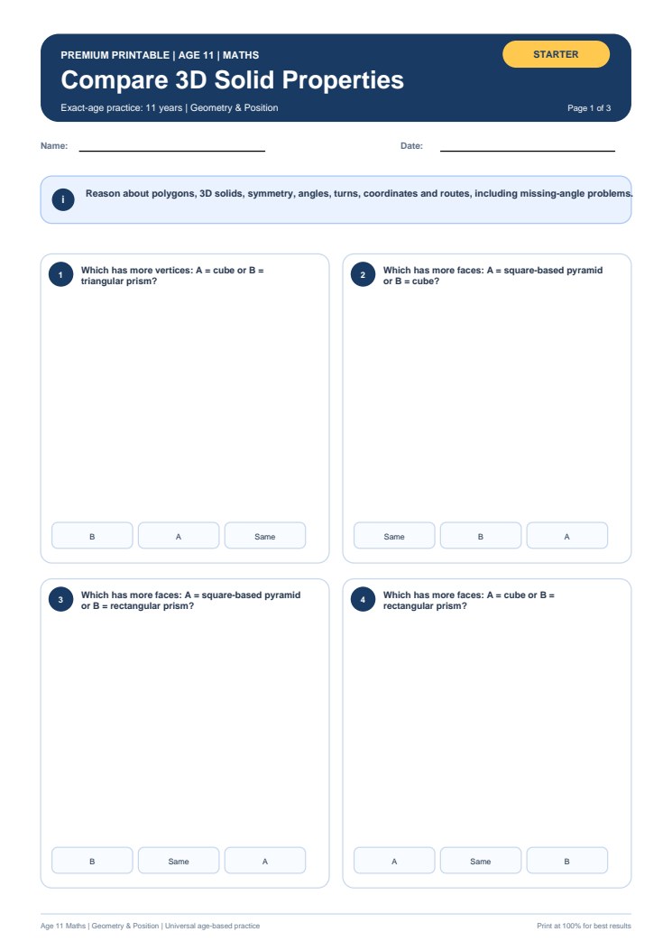 Compare 3D Solid Properties worksheet preview