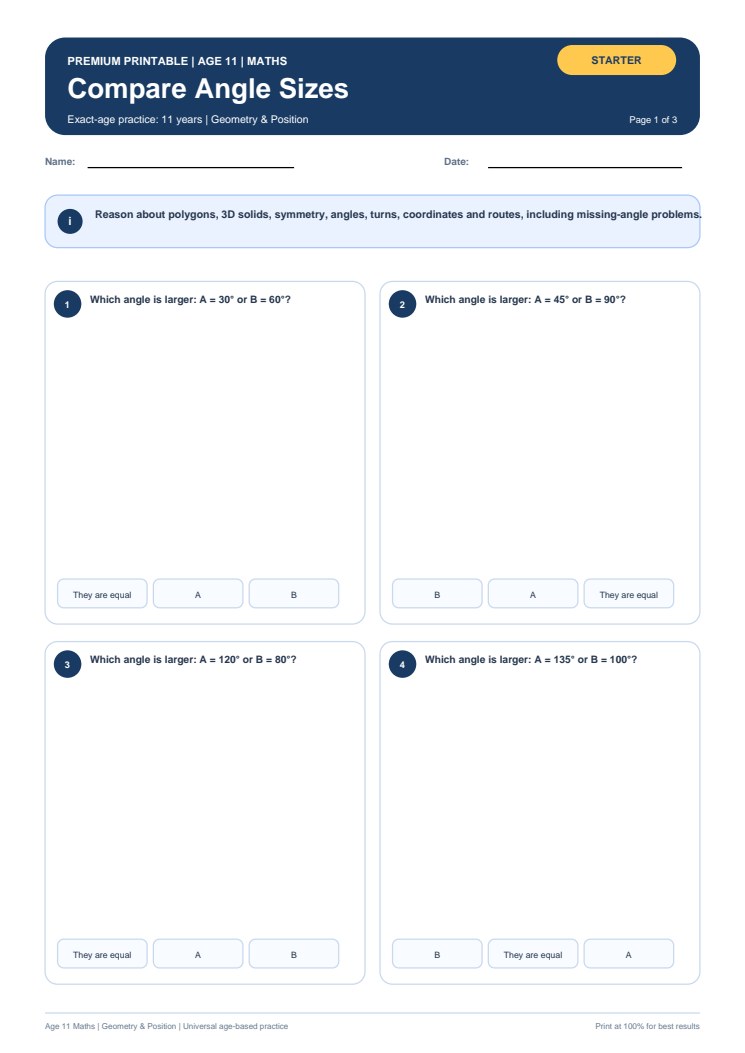 Compare Angle Sizes worksheet preview