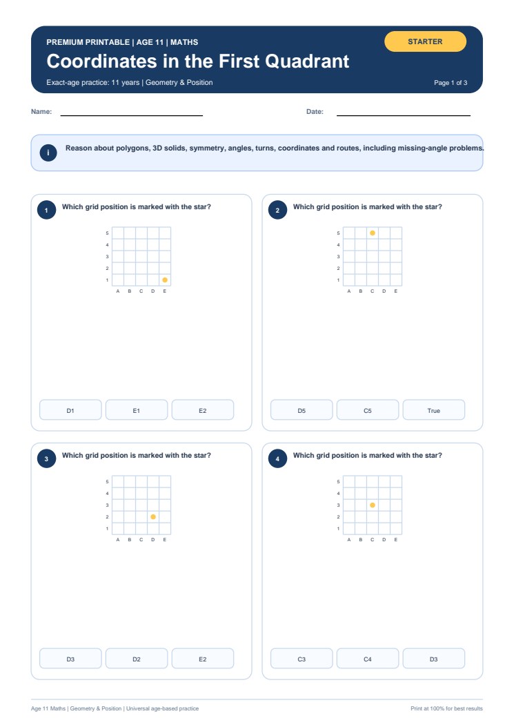 Coordinates in the First Quadrant worksheet preview