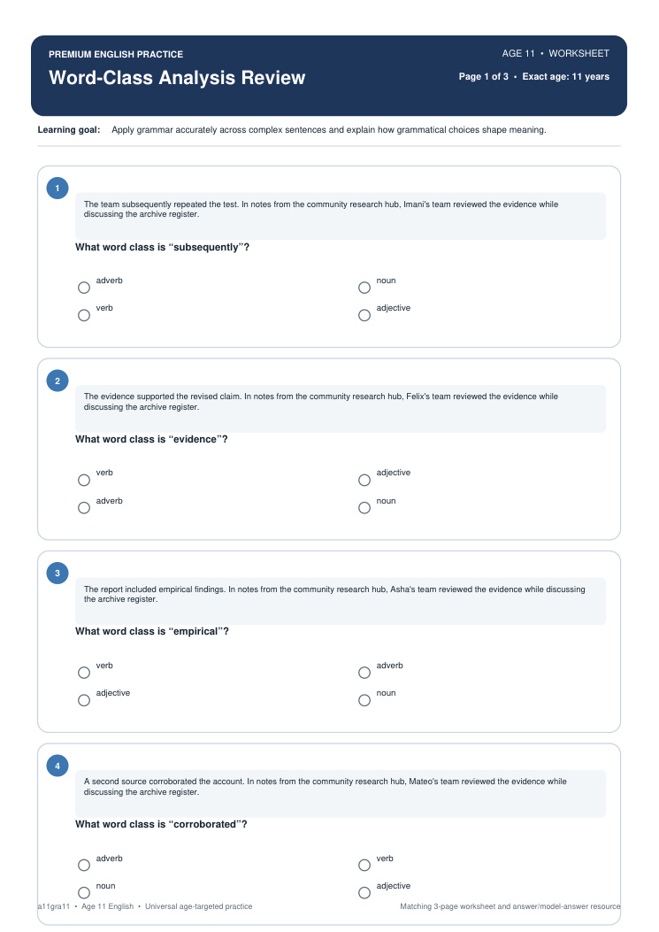 Word-Class Analysis Review worksheet preview