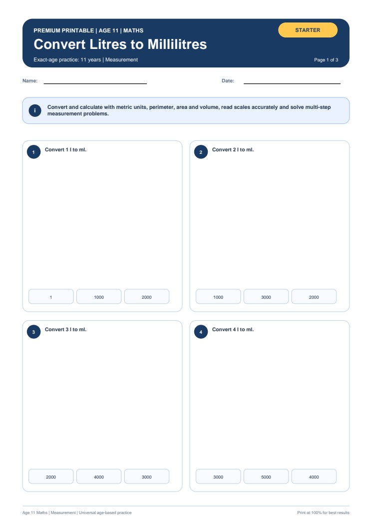 Convert Litres to Millilitres worksheet preview