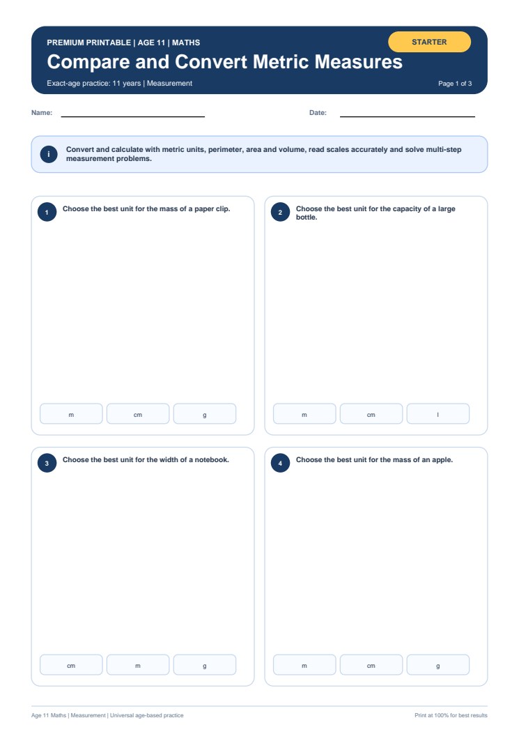 Compare and Convert Metric Measures worksheet preview