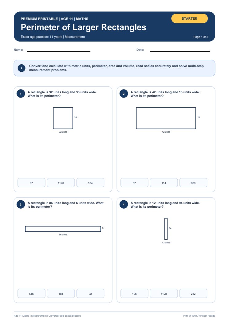 Perimeter of Larger Rectangles worksheet preview