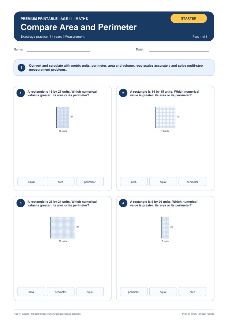 Compare Area and Perimeter worksheet preview