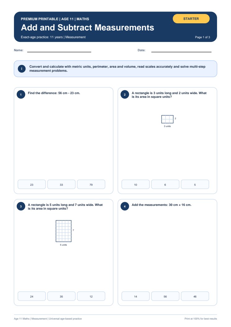 Add and Subtract Measurements worksheet preview