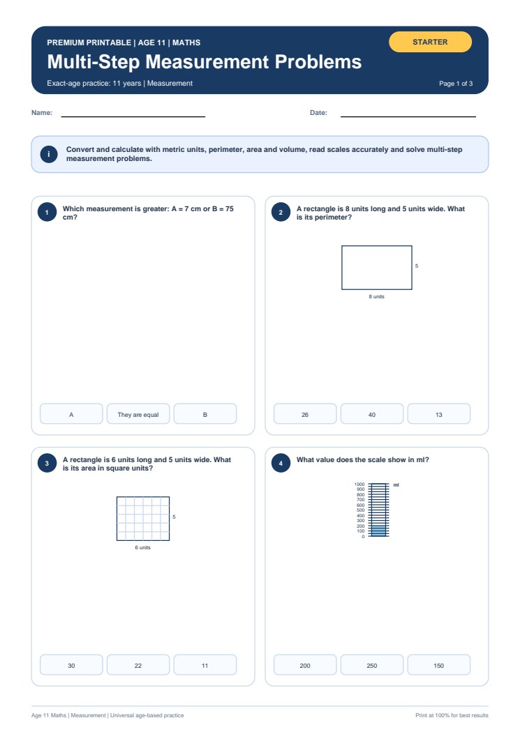 Multi-Step Measurement Problems worksheet preview