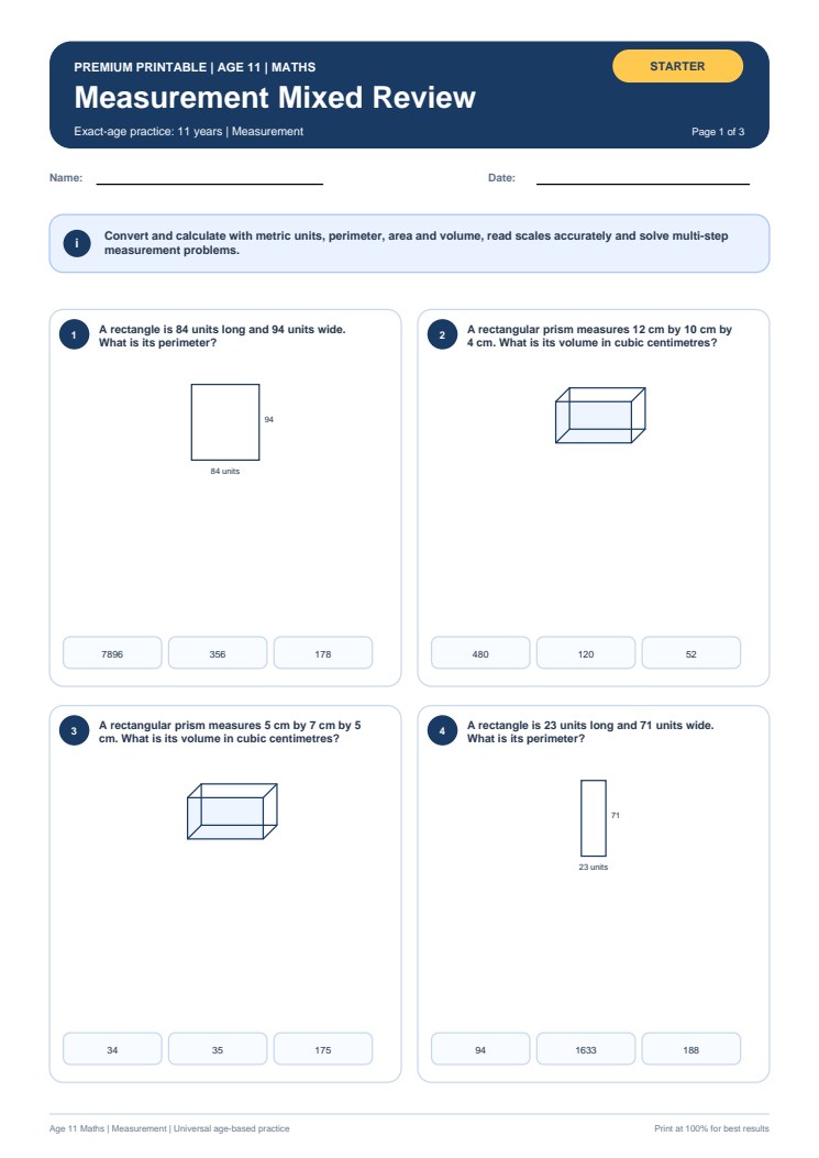 Measurement Mixed Review worksheet preview