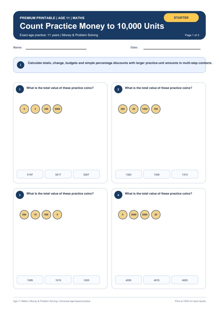Count Practice Money to 10,000 Units worksheet preview