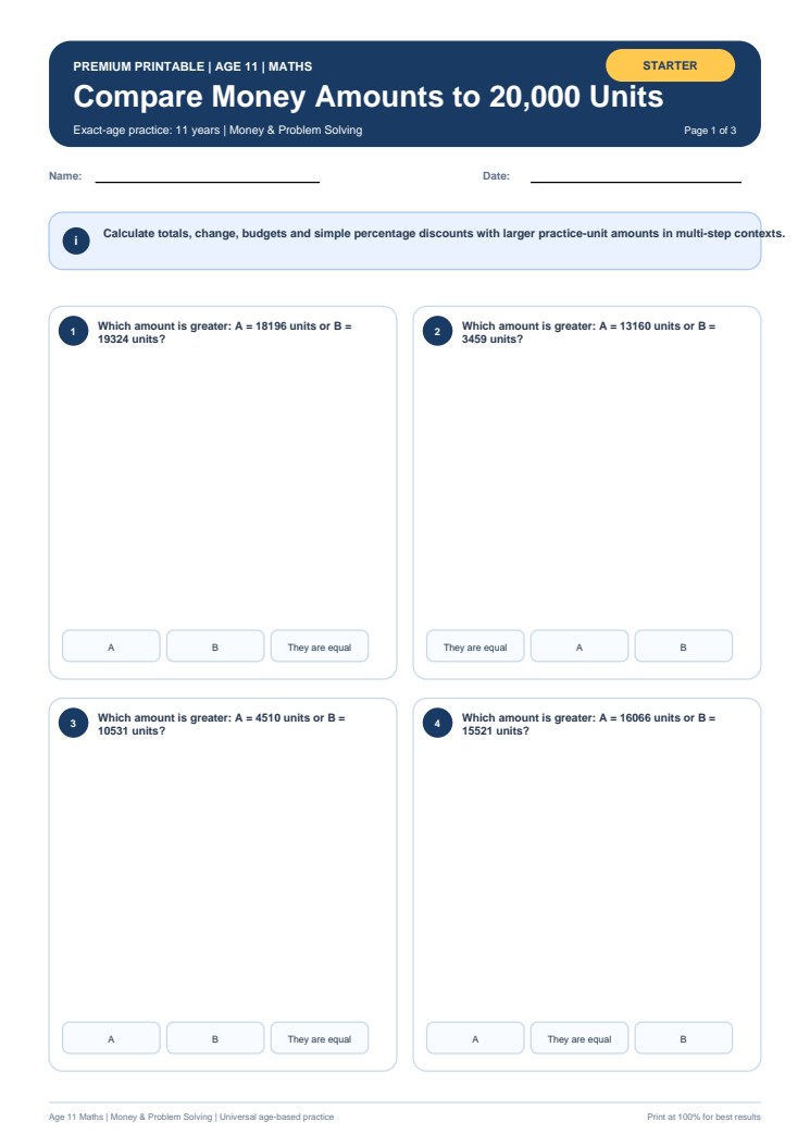 Compare Money Amounts to 20,000 Units worksheet preview