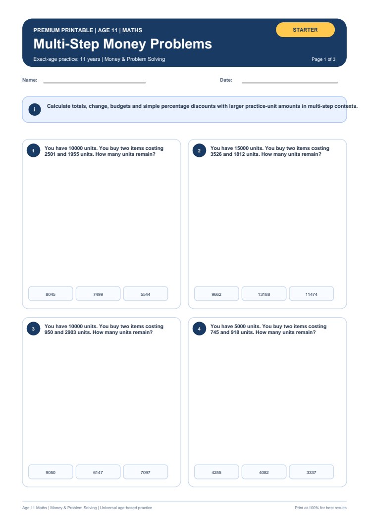 Multi-Step Money Problems worksheet preview