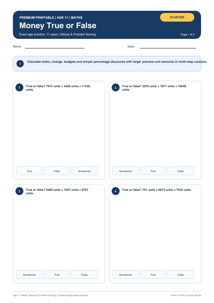 Money True or False worksheet preview