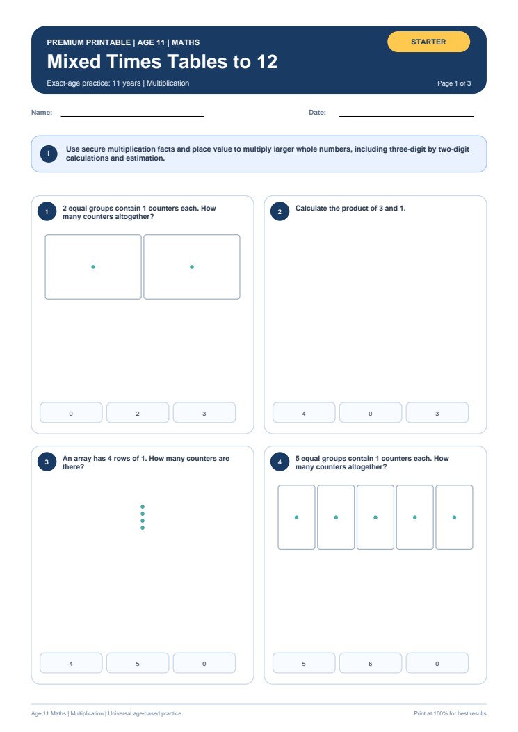 Mixed Times Tables to 12 worksheet preview