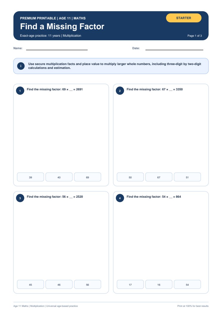Find a Missing Factor worksheet preview