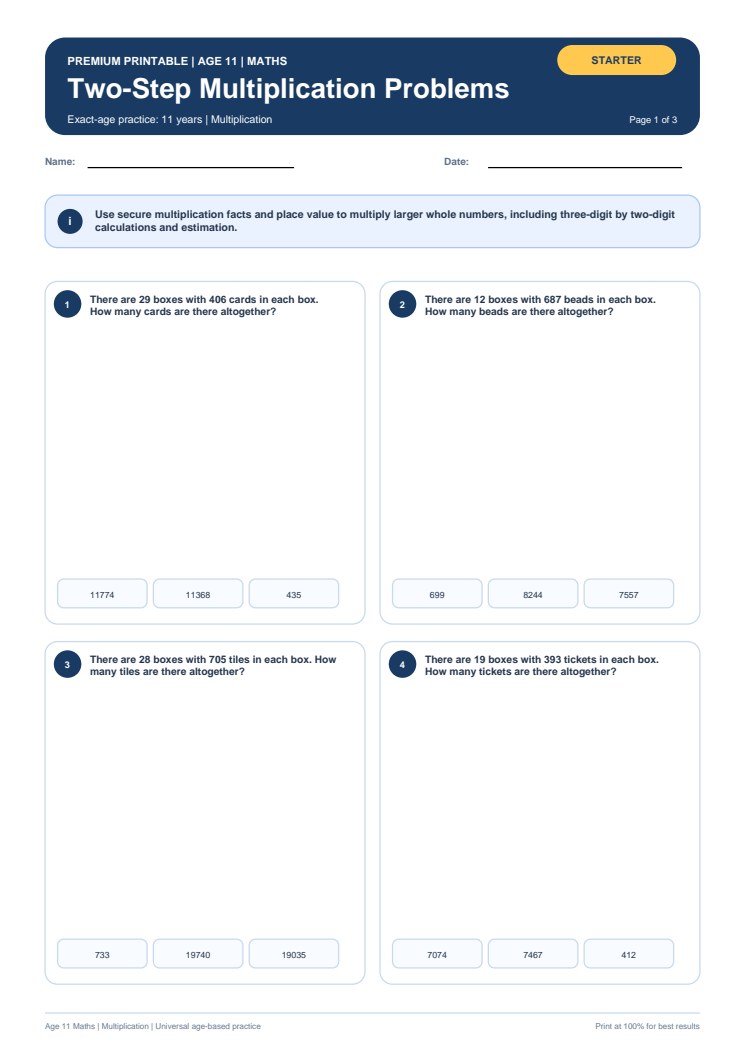 Two-Step Multiplication Problems worksheet preview