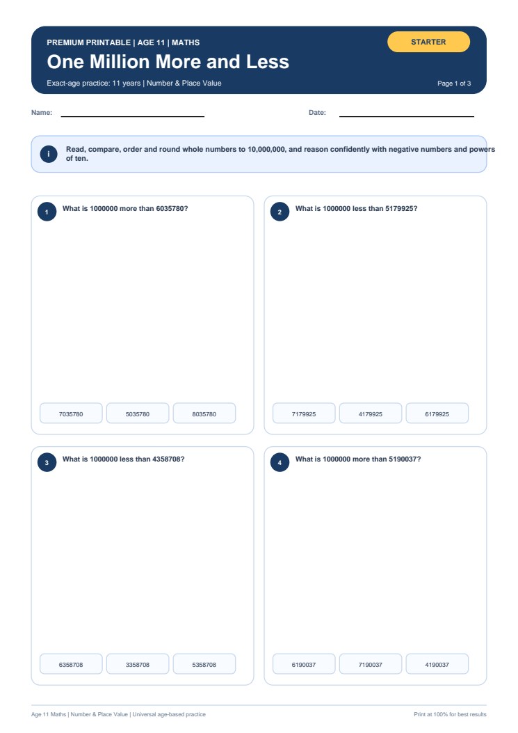 One Million More and Less worksheet preview
