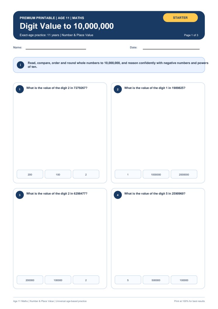 Digit Value to 10,000,000 worksheet preview