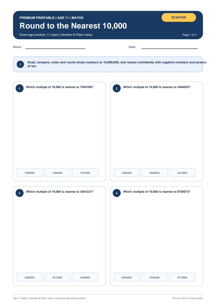 Round to the Nearest 10,000 worksheet preview