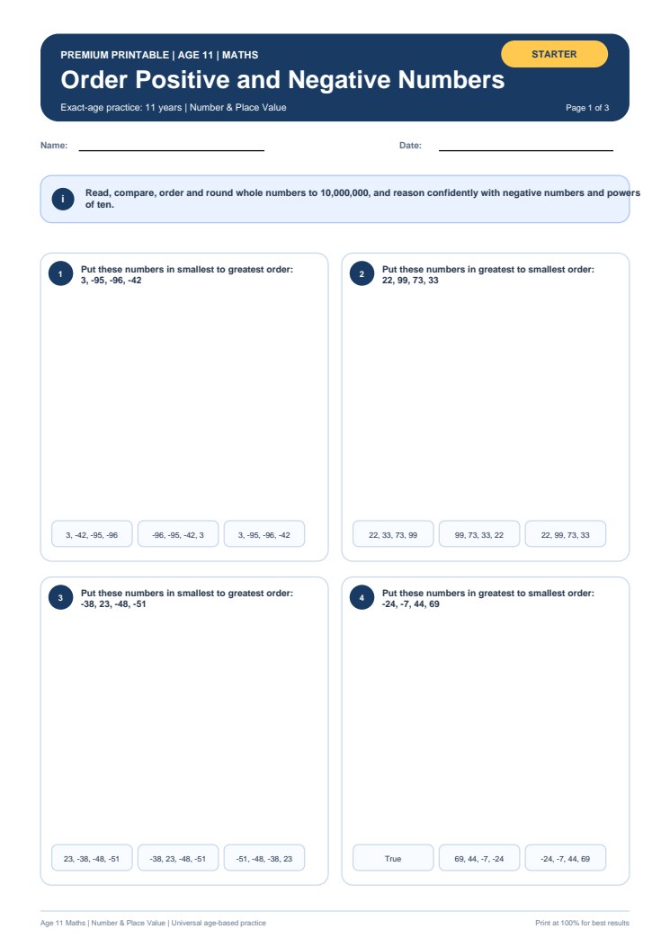 Order Positive and Negative Numbers worksheet preview