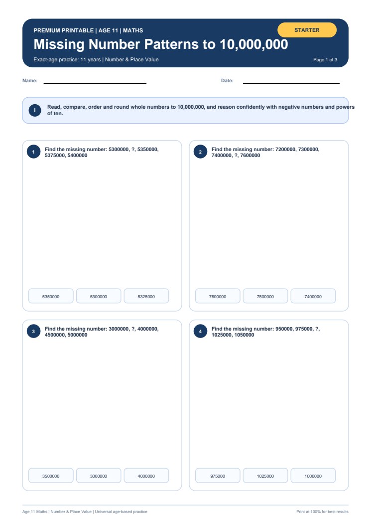 Missing Number Patterns to 10,000,000 worksheet preview