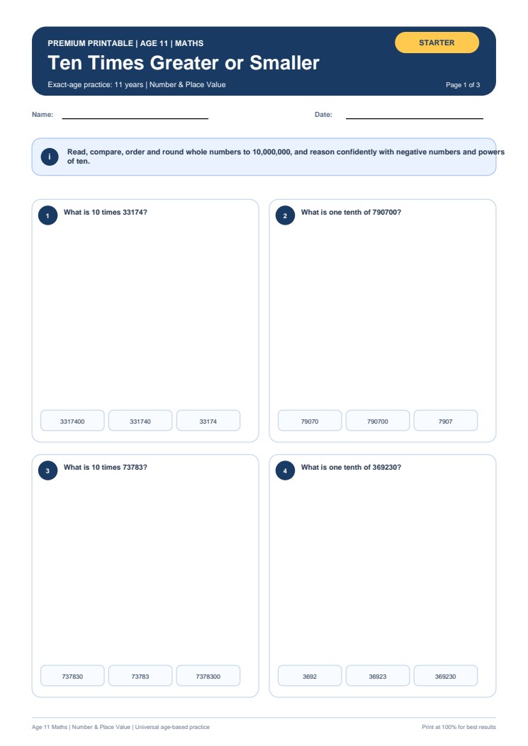 Ten Times Greater or Smaller worksheet preview