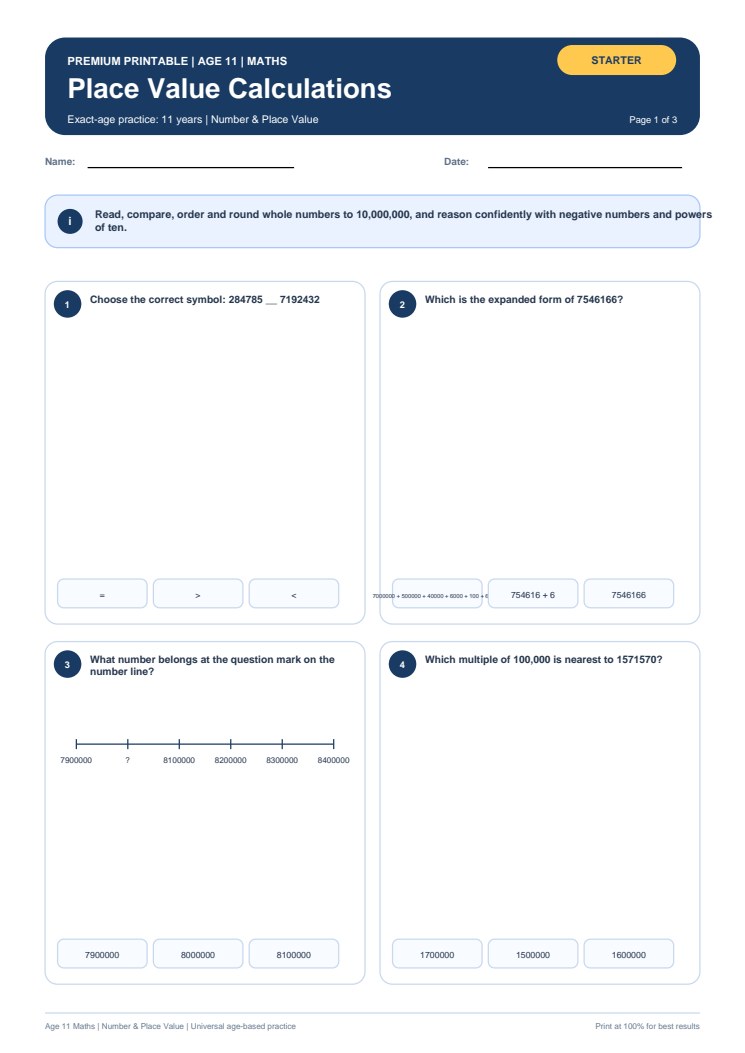 Place Value Calculations worksheet preview