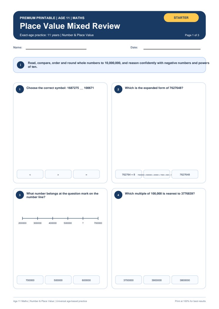 Place Value Mixed Review worksheet preview