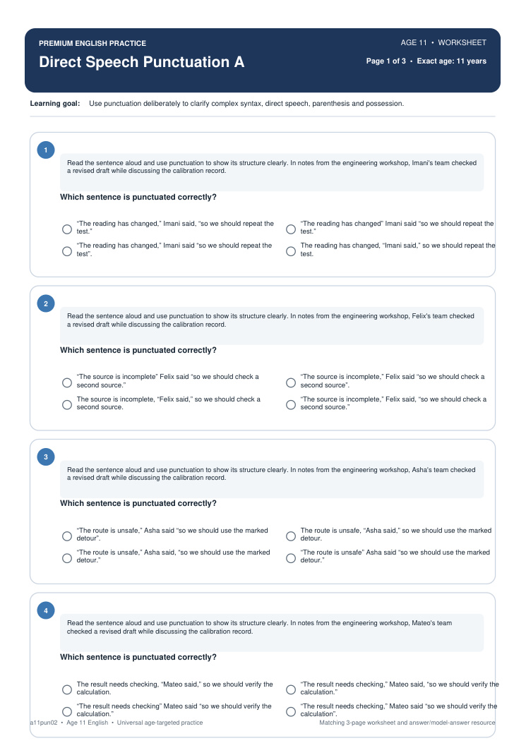 Direct Speech Punctuation A worksheet preview