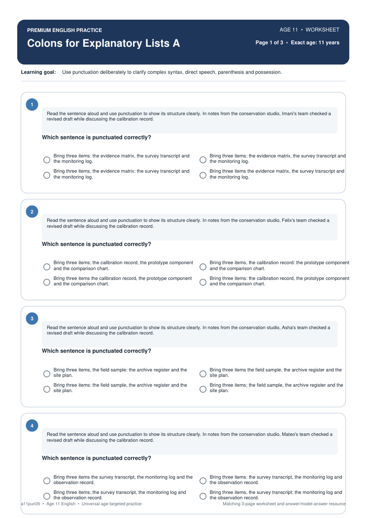 Colons for Explanatory Lists A worksheet preview