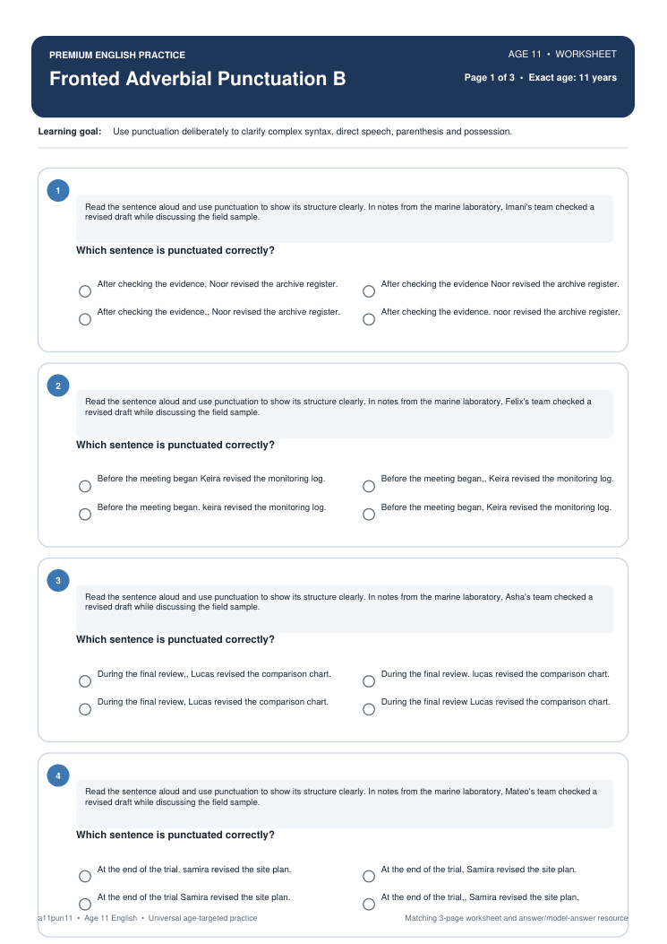 Fronted Adverbial Punctuation B worksheet preview