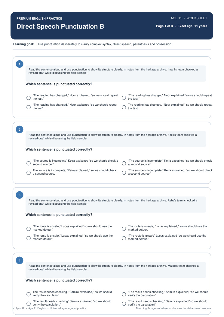 Direct Speech Punctuation B worksheet preview