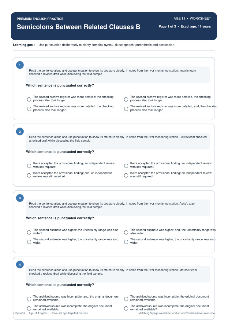 Semicolons Between Related Clauses B worksheet preview