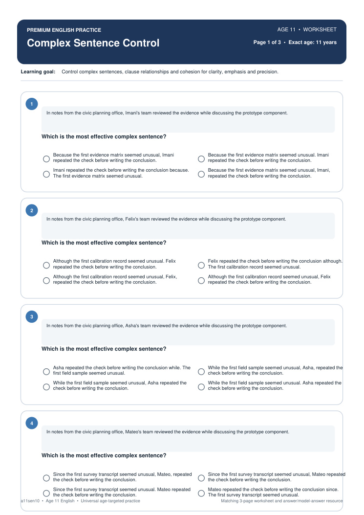 Complex Sentence Control worksheet preview