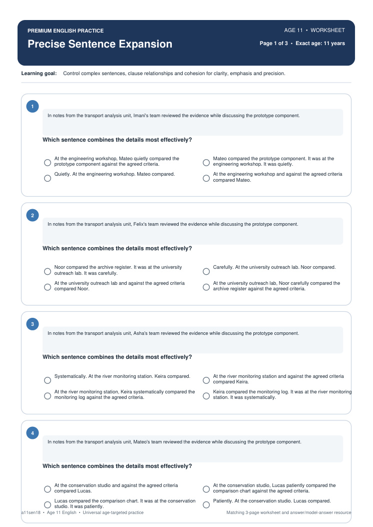 Precise Sentence Expansion worksheet preview