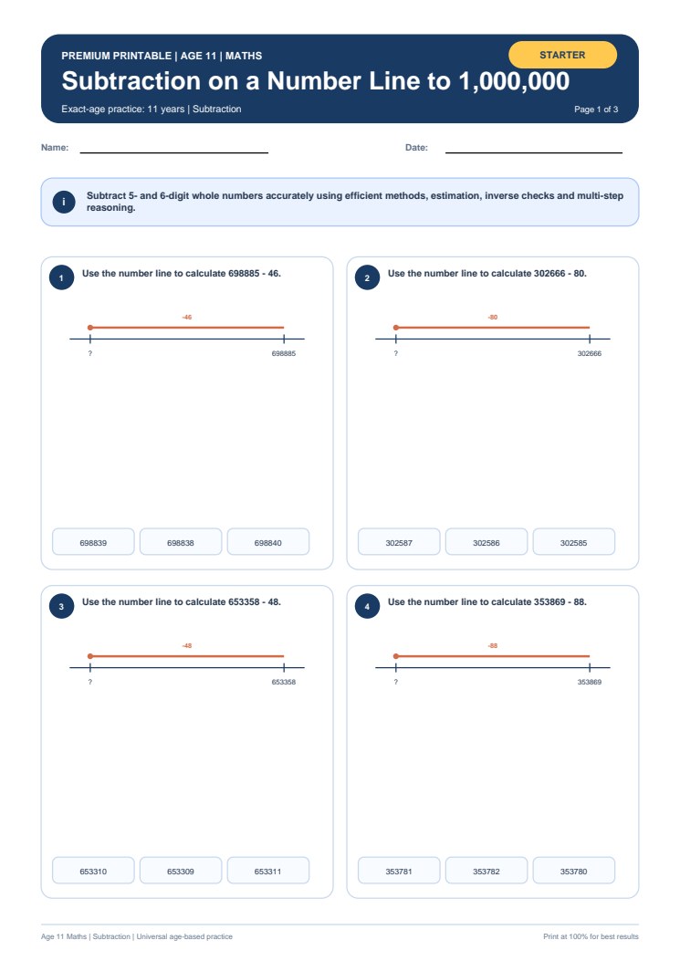 Subtraction on a Number Line to 1,000,000 worksheet preview