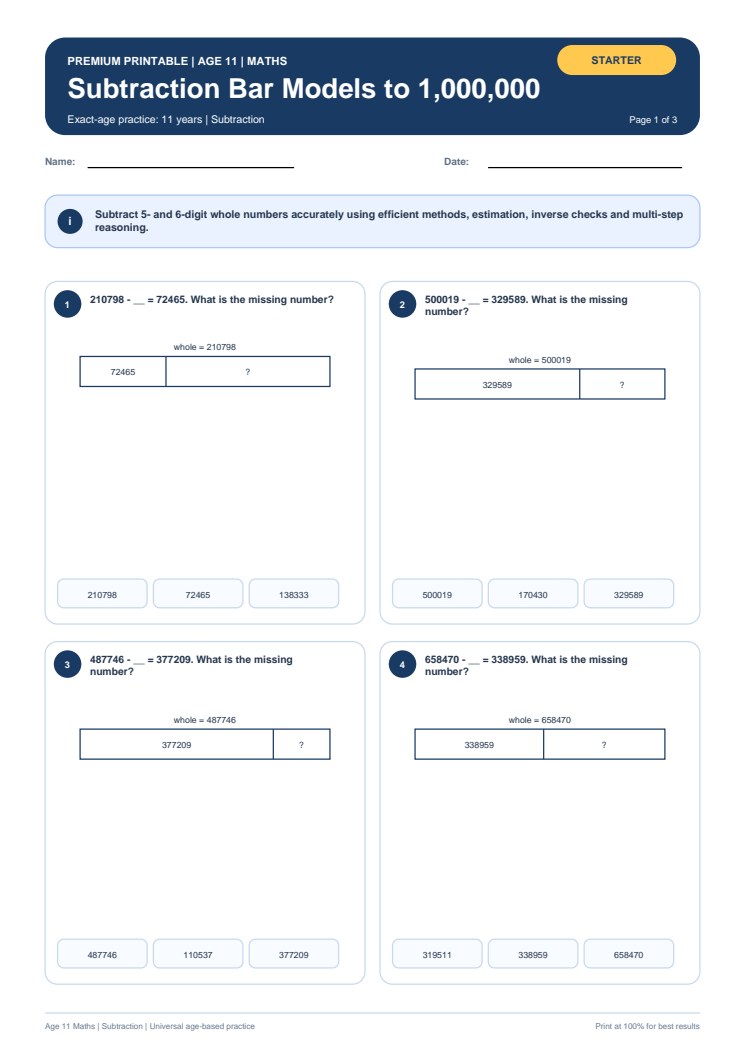 Subtraction Bar Models to 1,000,000 worksheet preview