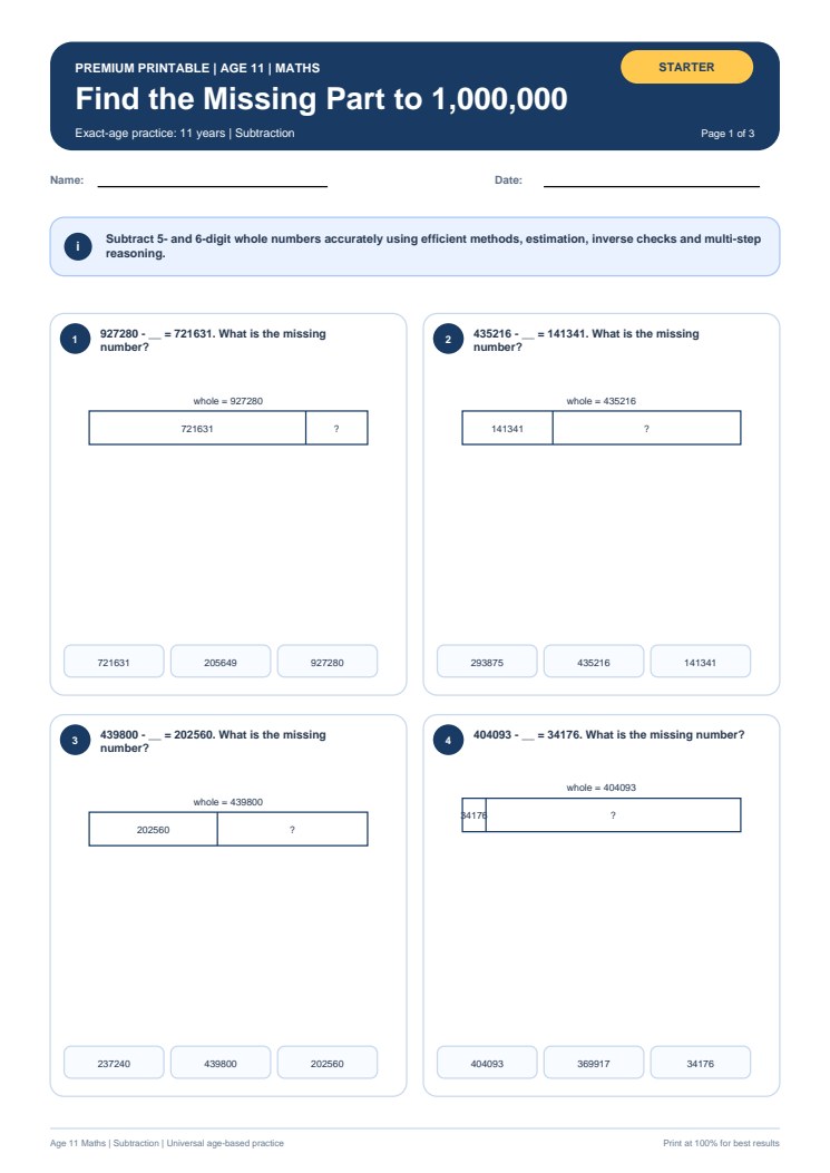 Find the Missing Part to 1,000,000 worksheet preview