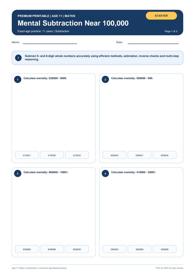 Mental Subtraction Near 100,000 worksheet preview