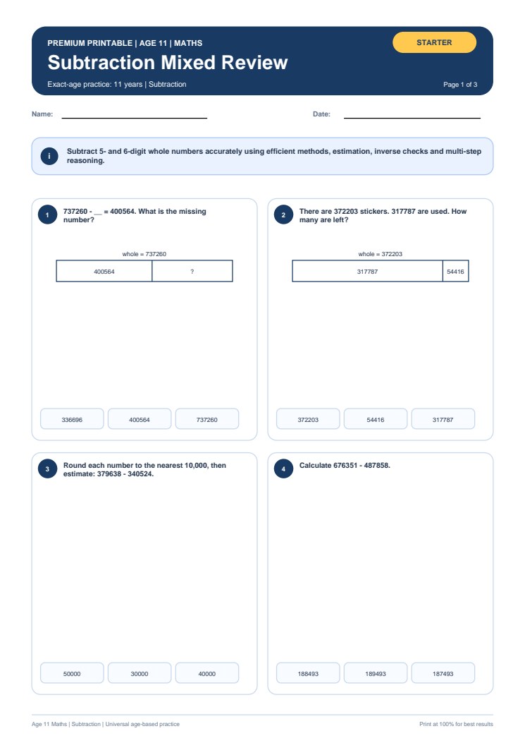 Subtraction Mixed Review worksheet preview