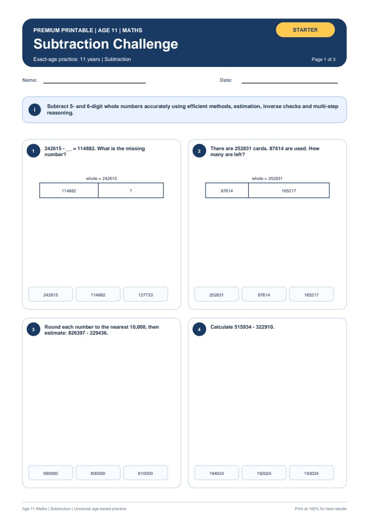 Subtraction Challenge worksheet preview