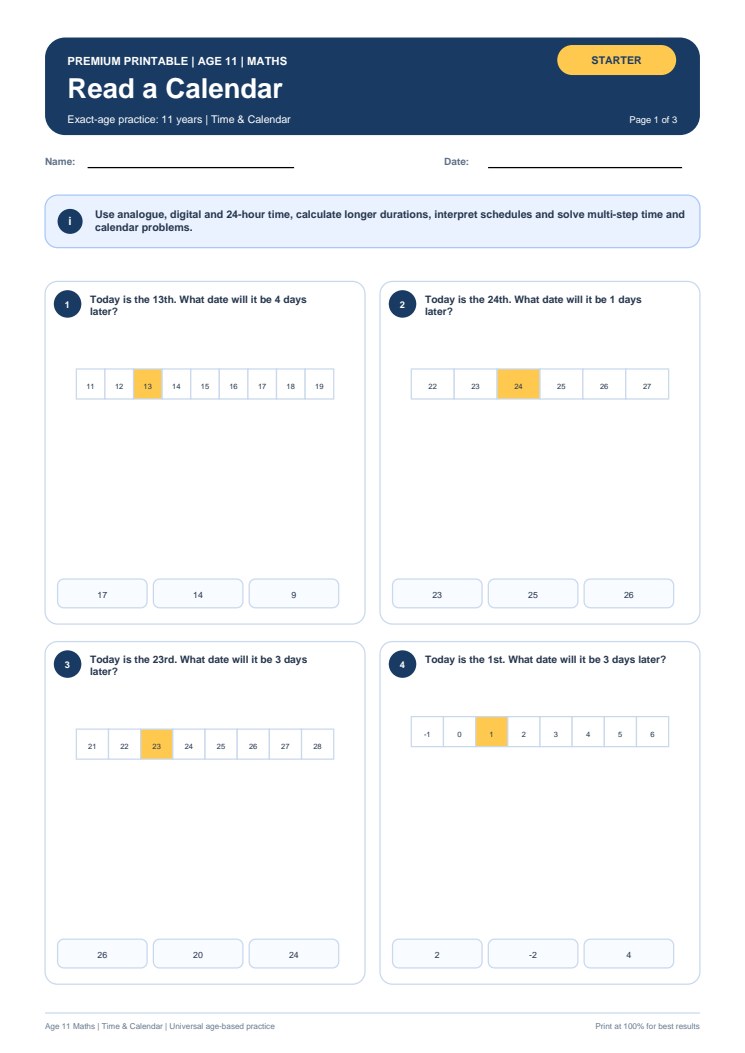 Read a Calendar worksheet preview