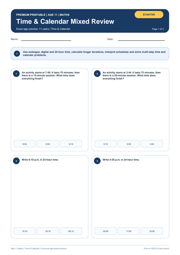 Time & Calendar Mixed Review worksheet preview