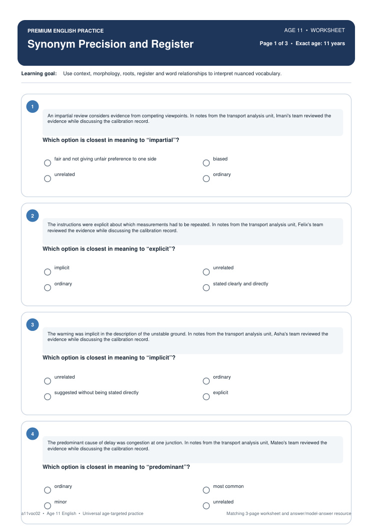 Synonym Precision and Register worksheet preview