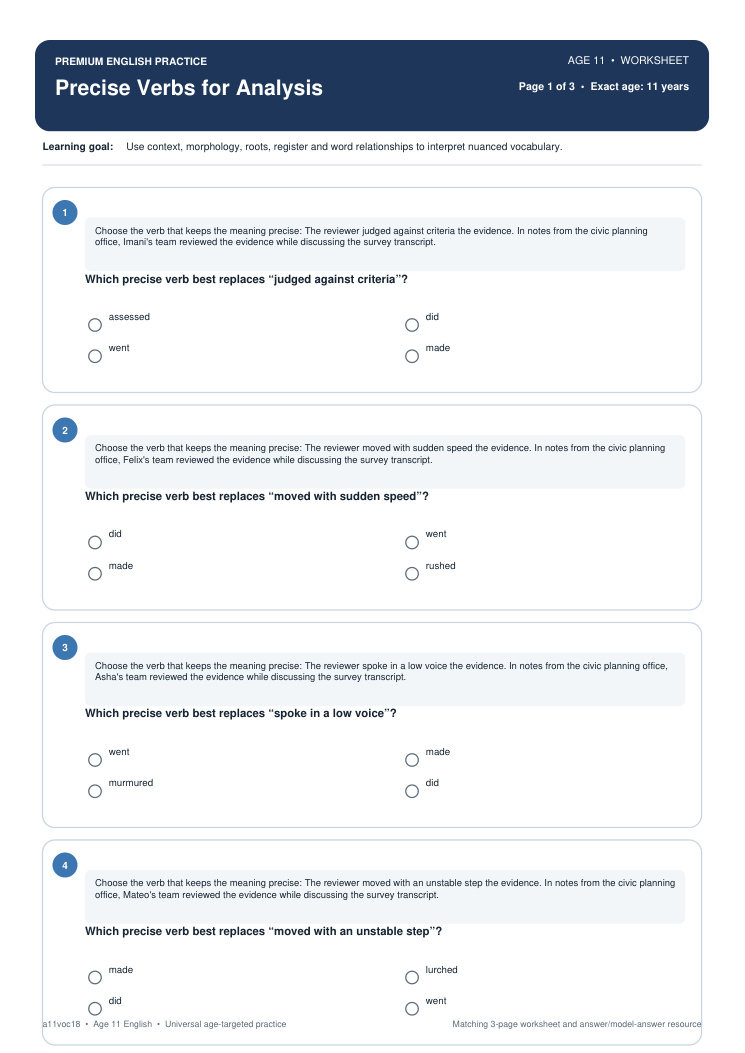 Precise Verbs for Analysis worksheet preview