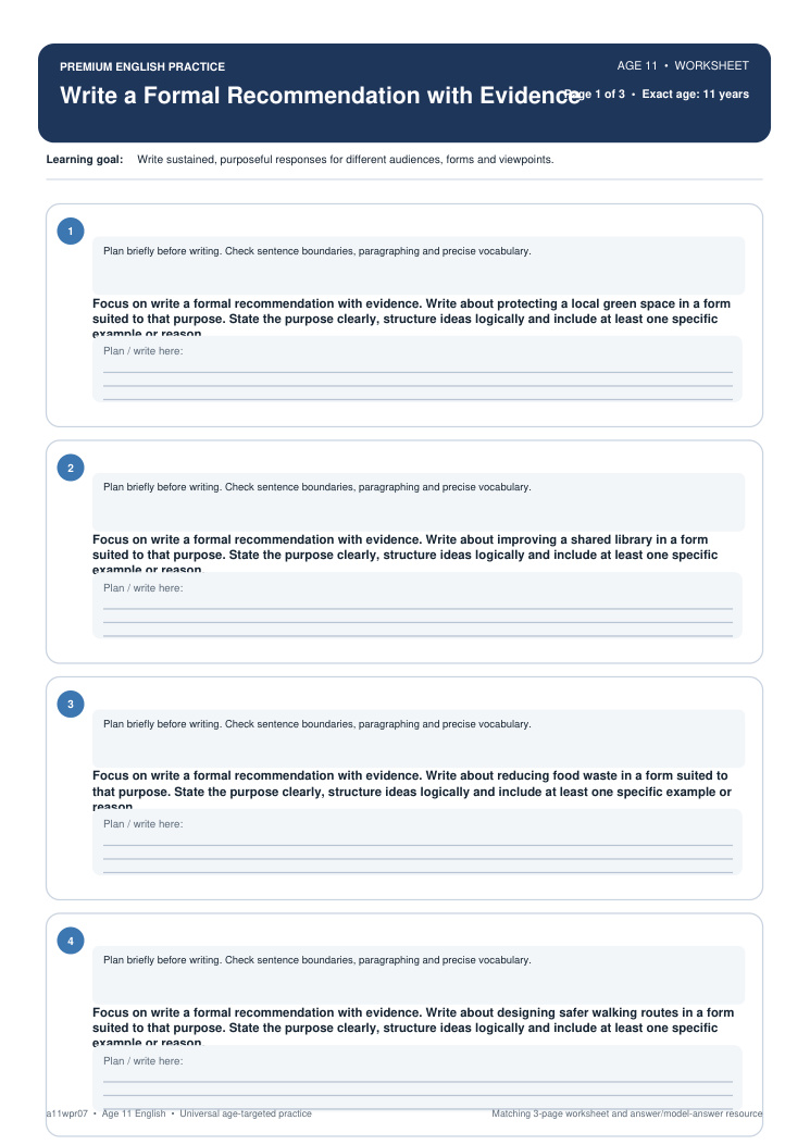 Write a Formal Recommendation with Evidence worksheet preview