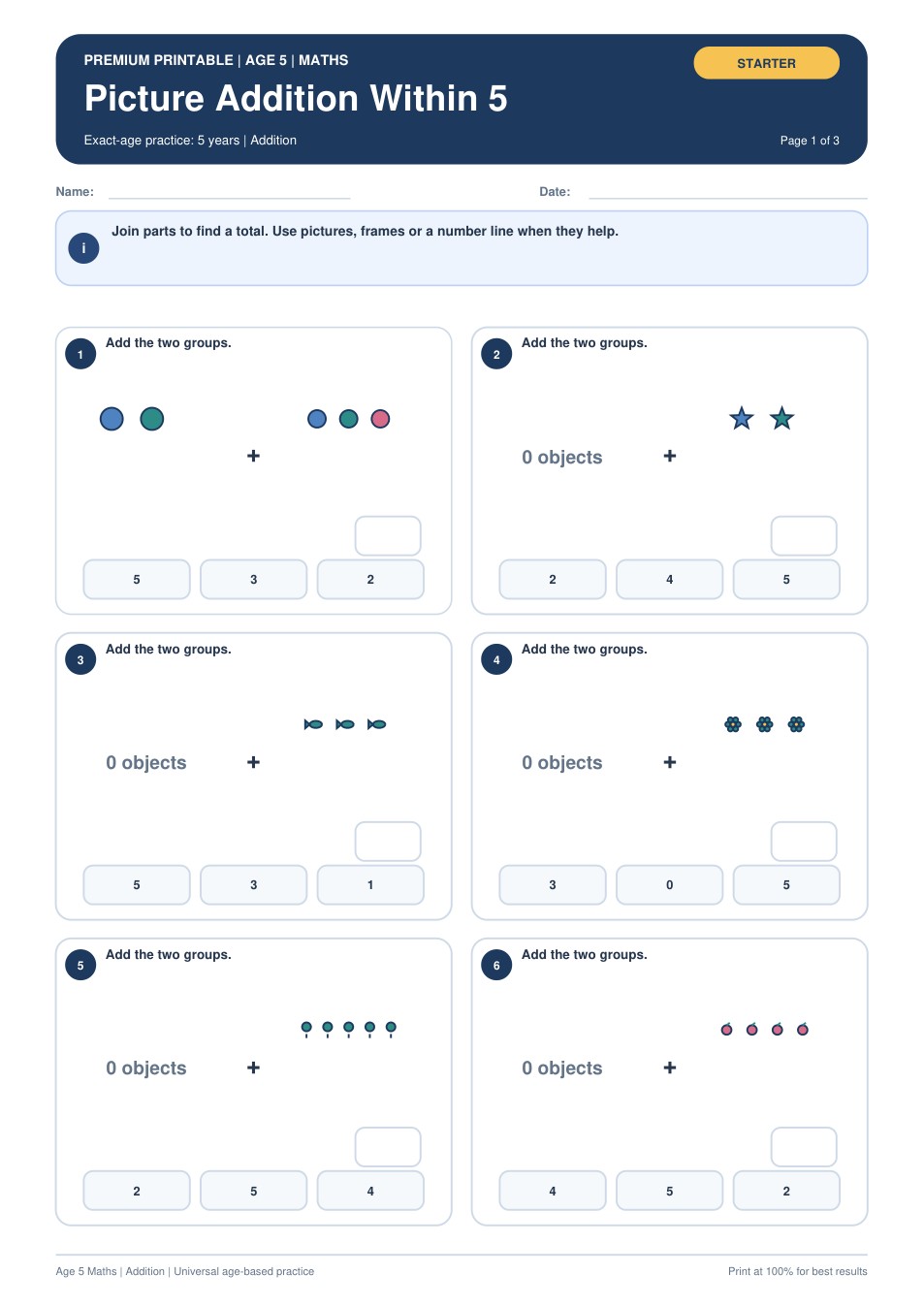 Picture Addition Within 5 worksheet preview