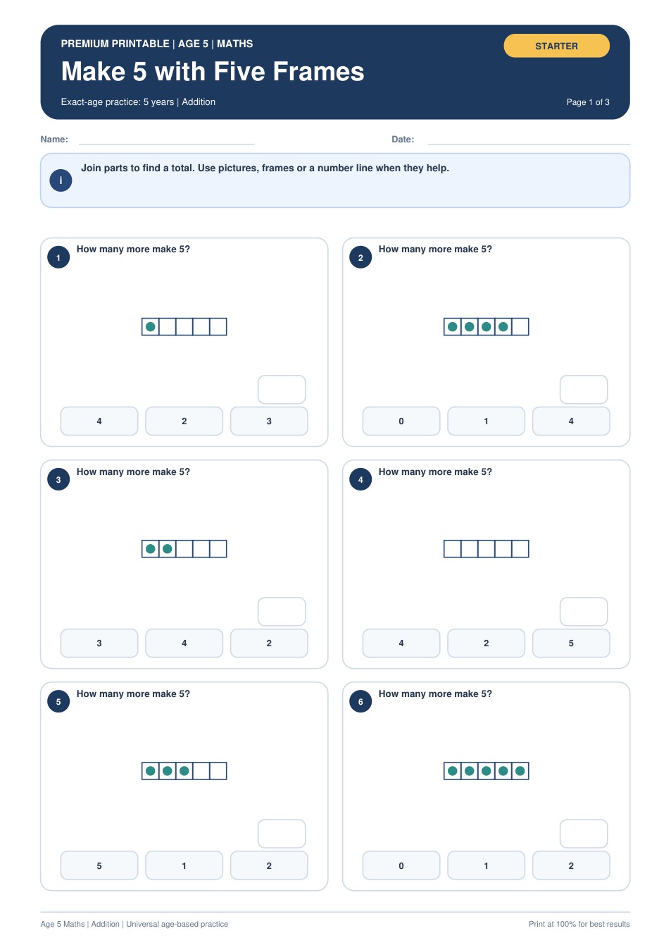 Make 5 with Five Frames worksheet preview